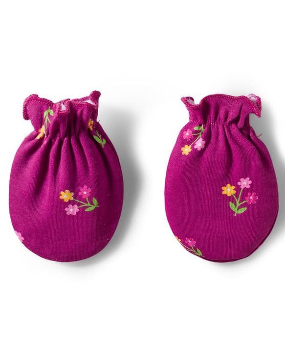 Babyhug 100% Cotton Knit Cap Mittens And Booties Set with Floral Print Wine - Diameter 16 cm