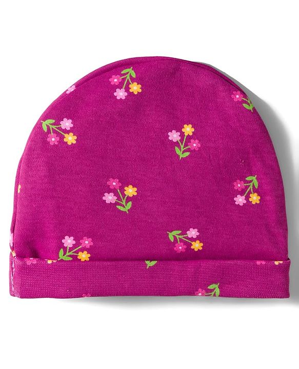 Babyhug 100% Cotton Knit Cap Mittens And Booties Set with Floral Print Wine - Diameter 16 cm