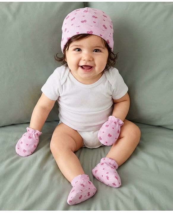 Babyhug 100% Cotton Knit Cap Mittens & Booties With Stripes & Heart Print Pink - Diameter 10 cm