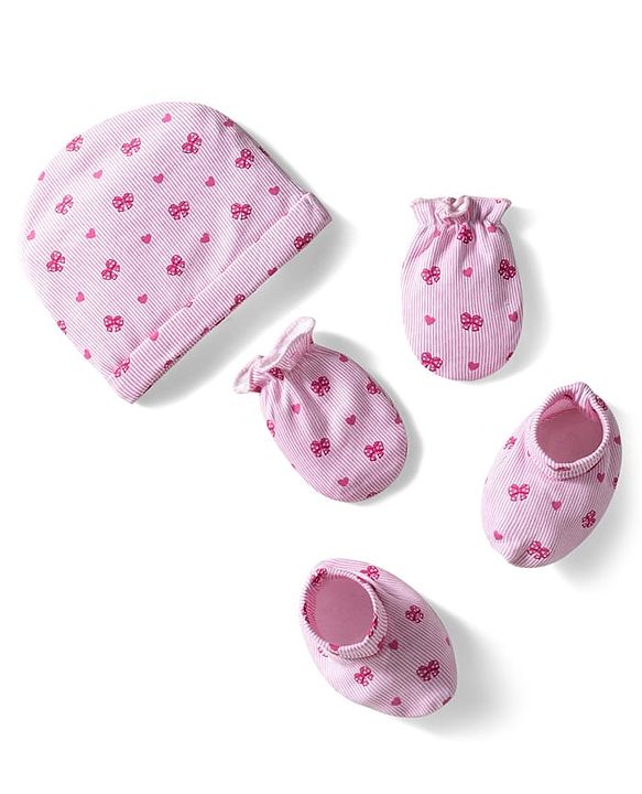 Babyhug 100% Cotton Knit Cap Mittens & Booties With Stripes & Heart Print Pink - Diameter 10 cm