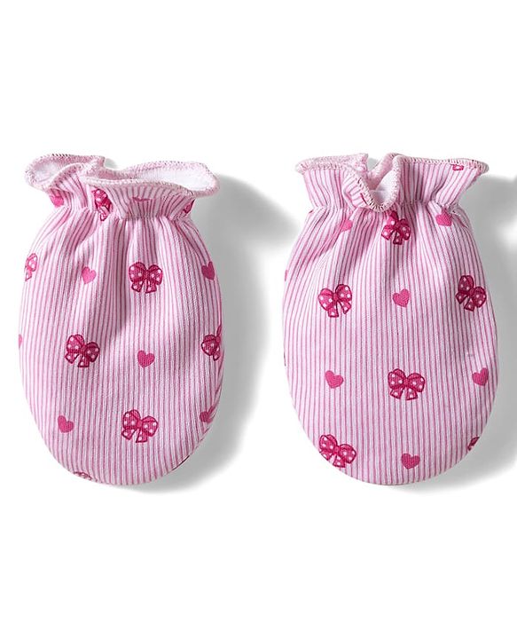 Babyhug 100% Cotton Knit Cap Mittens & Booties With Stripes & Heart Print Pink - Diameter 10 cm