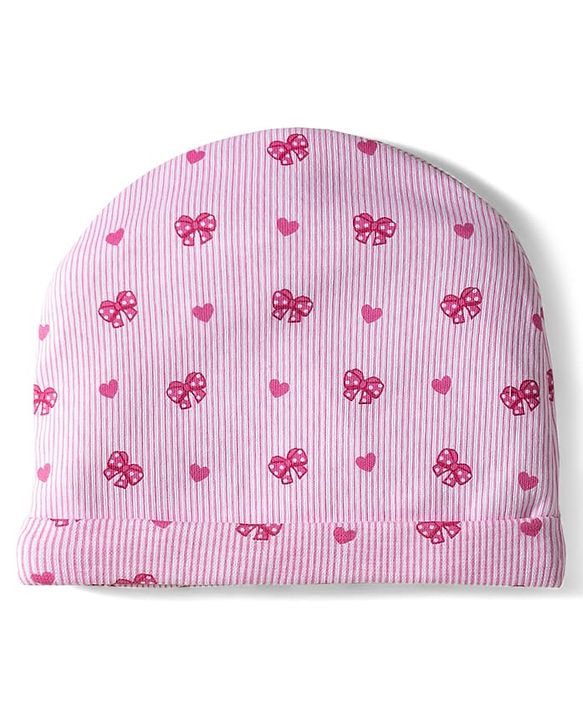 Babyhug 100% Cotton Knit Cap Mittens & Booties With Stripes & Heart Print Pink - Diameter 10 cm