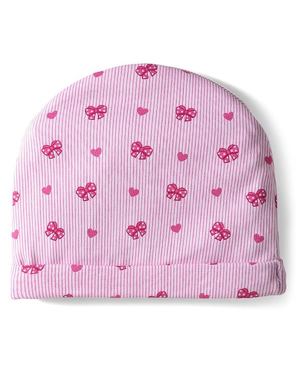 Babyhug 100% Cotton Knit Cap Mittens & Booties With Stripes & Heart Print Pink - Diameter 10 cm