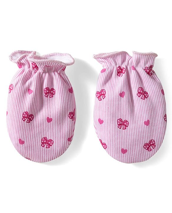 Babyhug 100% Cotton Knit Cap Mittens & Booties With Stripes & Heart Print Pink - Diameter 10 cm
