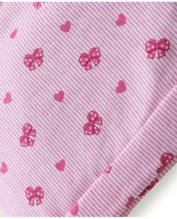 Babyhug 100% Cotton Knit Cap Mittens & Booties With Stripes & Heart Print Pink - Diameter 10 cm