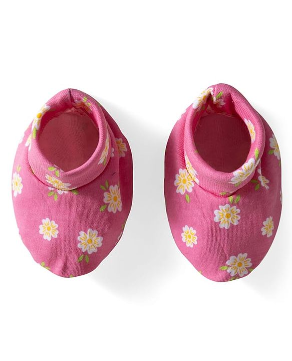 Babyhug 100% Cotton Knit Cap Mittens & Booties With Stripes & Floral Print Dark Pink - Diameter 11 cm