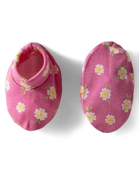 Babyhug 100% Cotton Knit Cap Mittens & Booties With Stripes & Floral Print Dark Pink - Diameter 11 cm