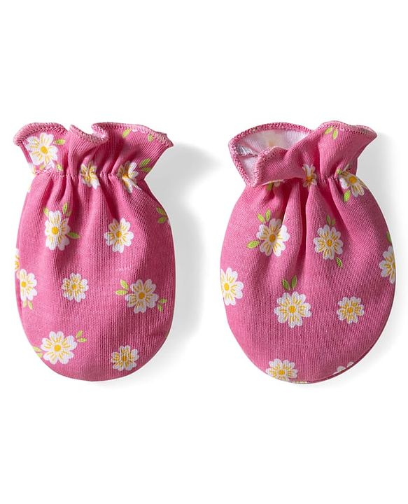 Babyhug 100% Cotton Knit Cap Mittens & Booties With Stripes & Floral Print Dark Pink - Diameter 11 cm