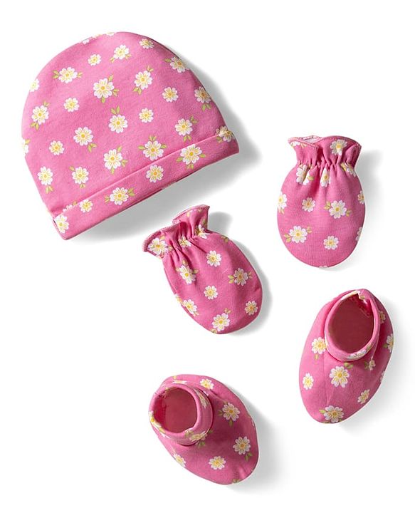 Babyhug 100% Cotton Knit Cap Mittens & Booties With Stripes & Floral Print Dark Pink - Diameter 11 cm