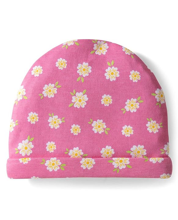 Babyhug 100% Cotton Knit Cap Mittens & Booties With Stripes & Floral Print Dark Pink - Diameter 11 cm