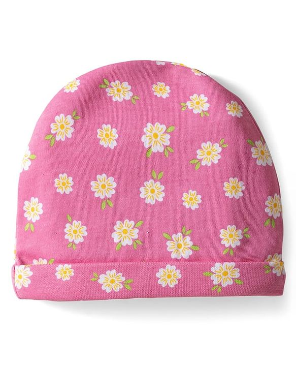 Babyhug 100% Cotton Knit Cap Mittens & Booties With Stripes & Floral Print Dark Pink - Diameter 11 cm