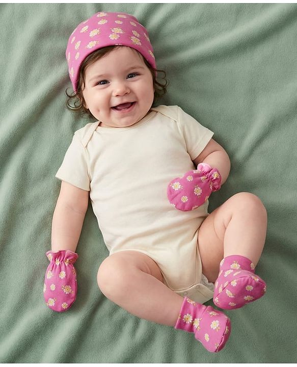 Babyhug 100% Cotton Knit Cap Mittens & Booties With Stripes & Floral Print Dark Pink - Diameter 11 cm