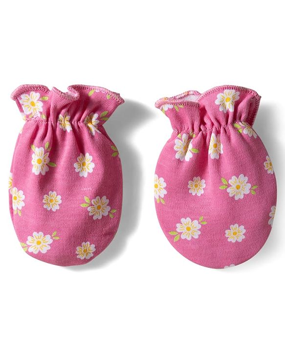 Babyhug 100% Cotton Knit Cap Mittens & Booties With Stripes & Floral Print Dark Pink - Diameter 11 cm