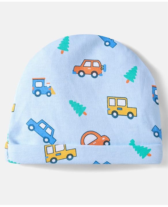 Babyhug 100% Cotton Knit Cap Mittens And Booties Set With Vehicle Print Light Blue- Diameter 17.5 cm