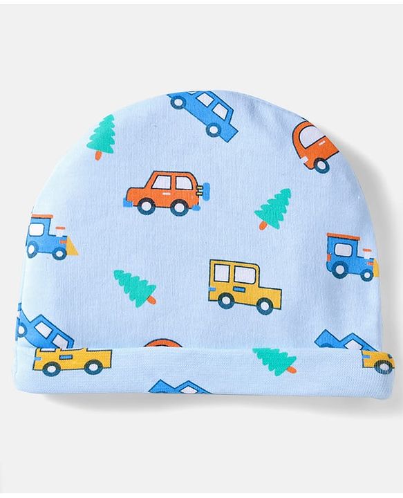 Babyhug 100% Cotton Knit Cap Mittens And Booties Set With Vehicle Print Light Blue- Diameter 17.5 cm
