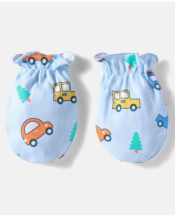 Babyhug 100% Cotton Knit Cap Mittens And Booties Set With Vehicle Print Light Blue- Diameter 17.5 cm