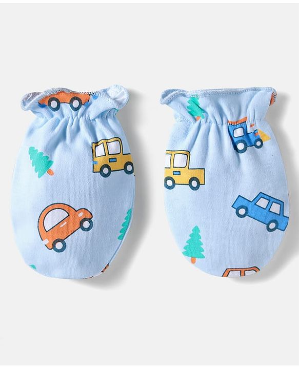 Babyhug 100% Cotton Knit Cap Mittens And Booties Set With Vehicle Print Light Blue- Diameter 17.5 cm