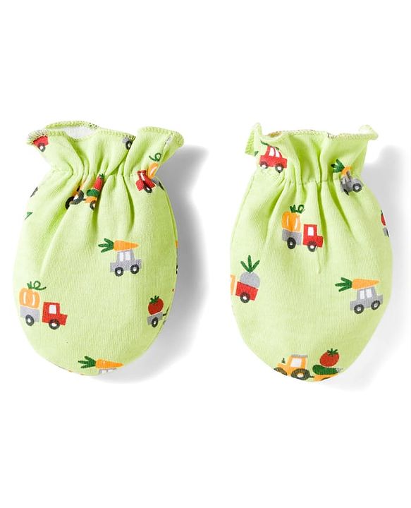 Babyhug 100% Cotton Cap Mittens & Booties Set With Vehicle Print Lime Green - Diameter 16 cm