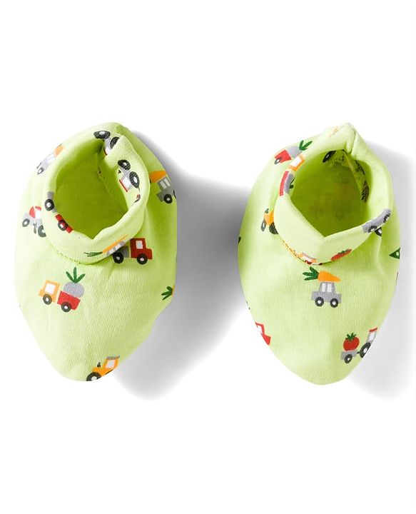 Babyhug 100% Cotton Cap Mittens & Booties Set With Vehicle Print Lime Green - Diameter 16 cm