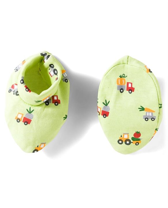 Babyhug 100% Cotton Cap Mittens & Booties Set With Vehicle Print Lime Green - Diameter 16 cm