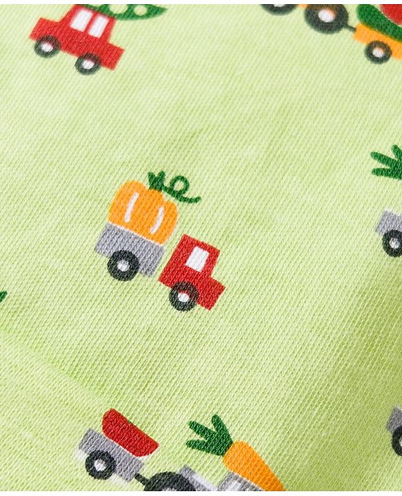 Babyhug 100% Cotton Cap Mittens & Booties Set With Vehicle Print Lime Green - Diameter 16 cm