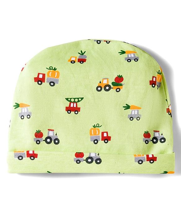 Babyhug 100% Cotton Cap Mittens & Booties Set With Vehicle Print Lime Green - Diameter 16 cm