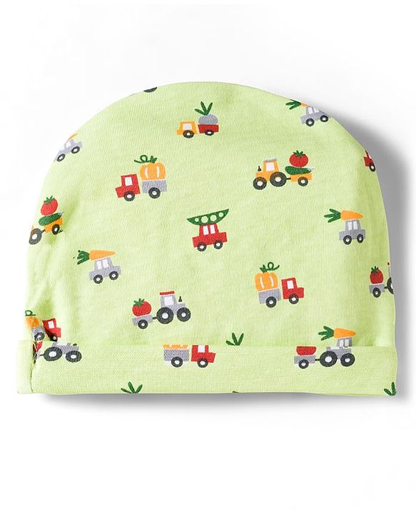 Babyhug 100% Cotton Cap Mittens & Booties Set With Vehicle Print Lime Green - Diameter 16 cm