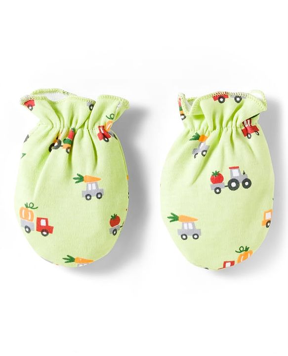 Babyhug 100% Cotton Cap Mittens & Booties Set With Vehicle Print Lime Green - Diameter 16 cm