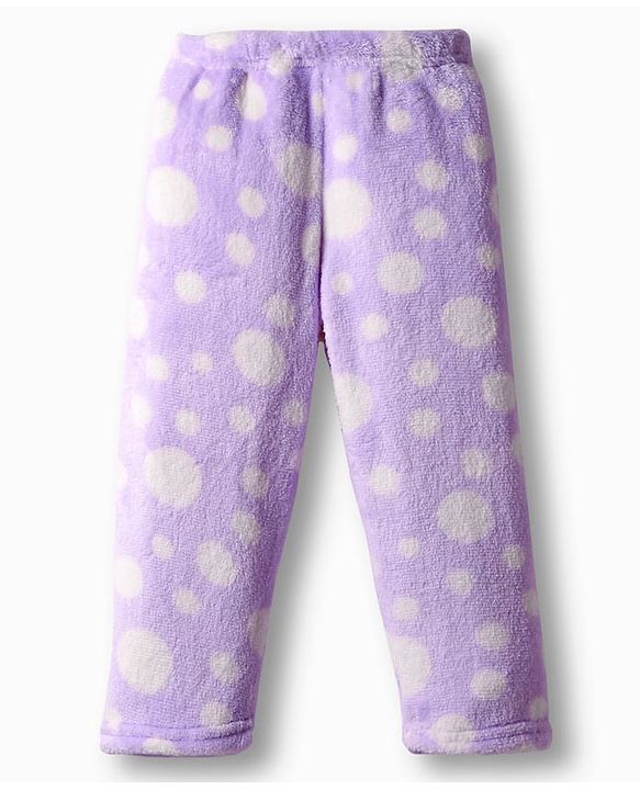 Babyhug Velour Knit Full Sleeves Front Open Fur Co-ords Winter Night Suit with Polka Dot Print - Lavender