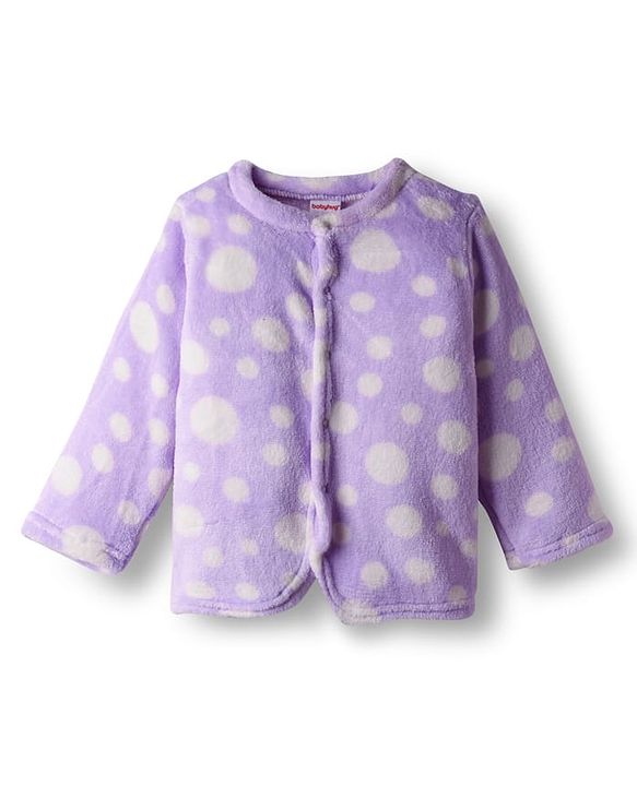 Babyhug Velour Knit Full Sleeves Front Open Fur Co-ords Winter Night Suit with Polka Dot Print - Lavender