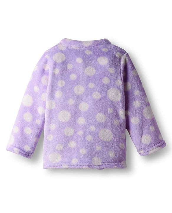 Babyhug Velour Knit Full Sleeves Front Open Fur Co-ords Winter Night Suit with Polka Dot Print - Lavender