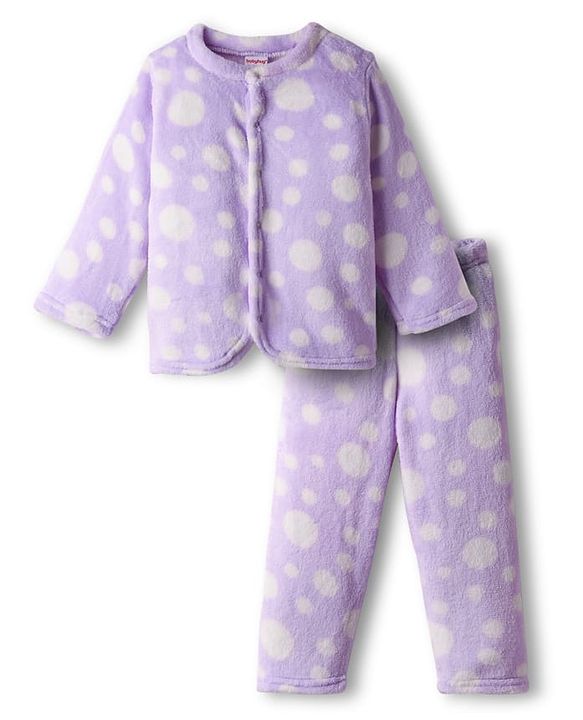 Babyhug Velour Knit Full Sleeves Front Open Fur Co-ords Winter Night Suit with Polka Dot Print - Lavender