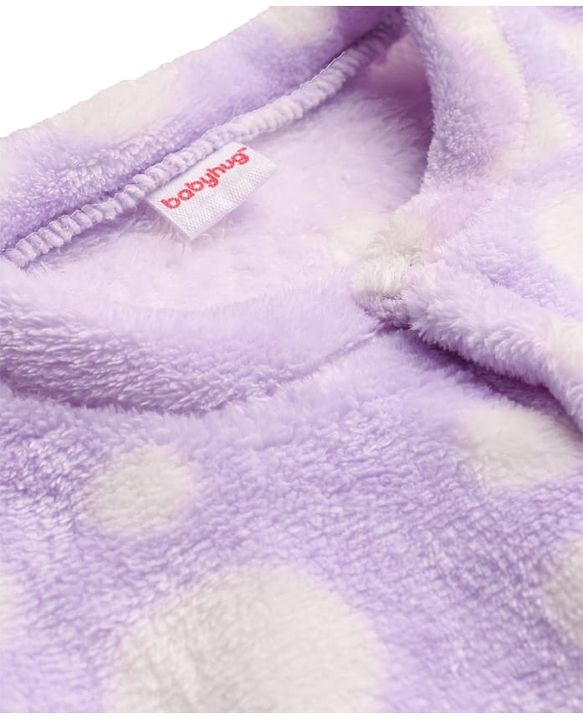 Babyhug Velour Knit Full Sleeves Front Open Fur Co-ords Winter Night Suit with Polka Dot Print - Lavender