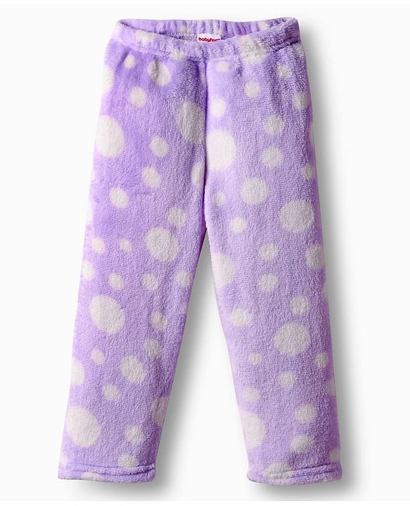Babyhug Velour Knit Full Sleeves Front Open Fur Co-ords Winter Night Suit with Polka Dot Print - Lavender