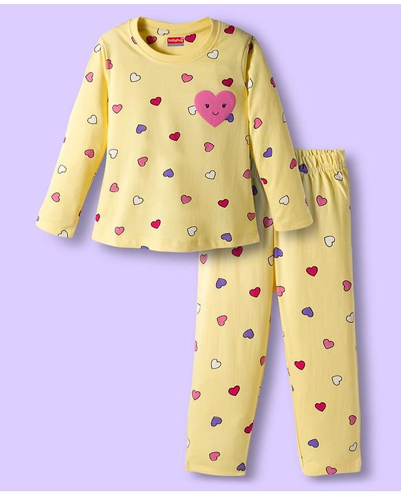 Babyhug Cotton Knit Full Sleeves Co-ords Night Suit With Heart Print - Yellow