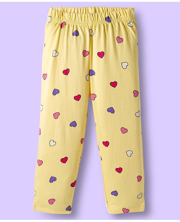 Babyhug Cotton Knit Full Sleeves Co-ords Night Suit With Heart Print - Yellow