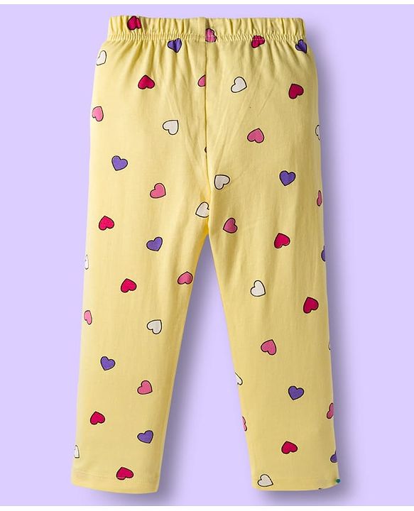 Babyhug Cotton Knit Full Sleeves Co-ords Night Suit With Heart Print - Yellow