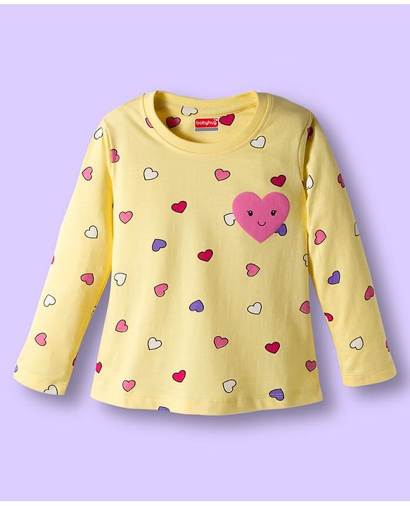 Babyhug Cotton Knit Full Sleeves Co-ords Night Suit With Heart Print - Yellow