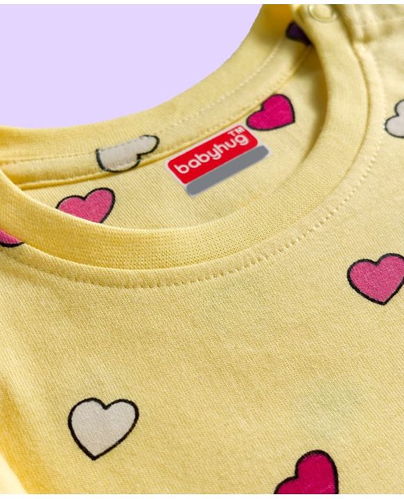 Babyhug Cotton Knit Full Sleeves Co-ords Night Suit With Heart Print - Yellow