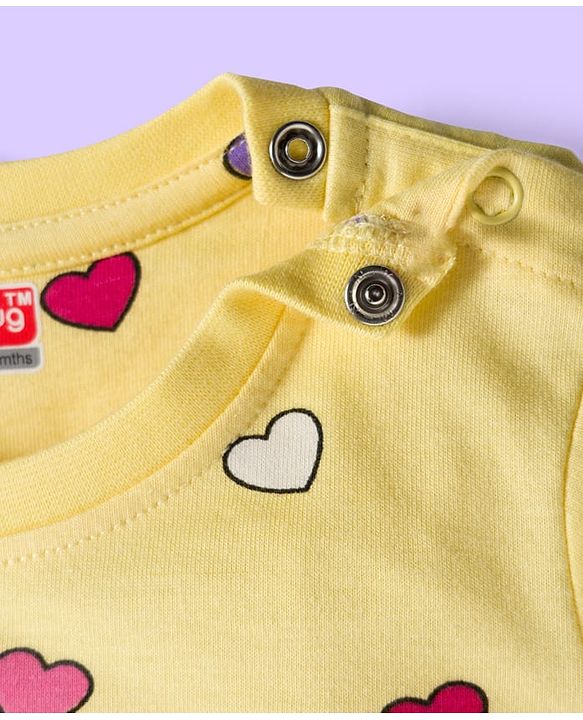 Babyhug Cotton Knit Full Sleeves Co-ords Night Suit With Heart Print - Yellow
