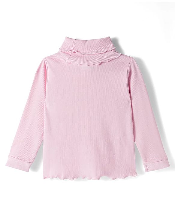 Babyhug Cotton Elastane Full Sleeves Turtle Neck Winter T-Shirt with Floral Applique - Pink