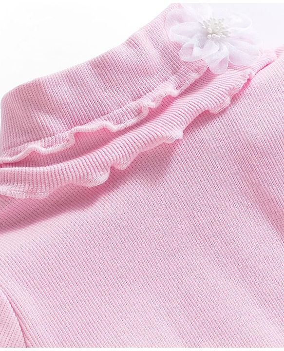 Babyhug Cotton Elastane Full Sleeves Turtle Neck Winter T-Shirt with Floral Applique - Pink