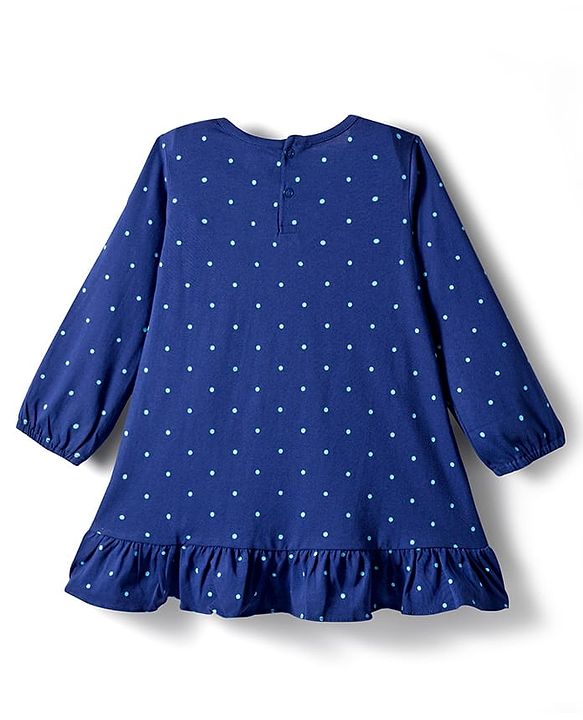 Babyhug Cotton Knit Full Sleeves Nighty With Text & Polka Dot Print - Blue