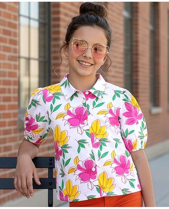 Pine Kids Cotton Knit Half Sleeves Shirt Top with Floral Print - White