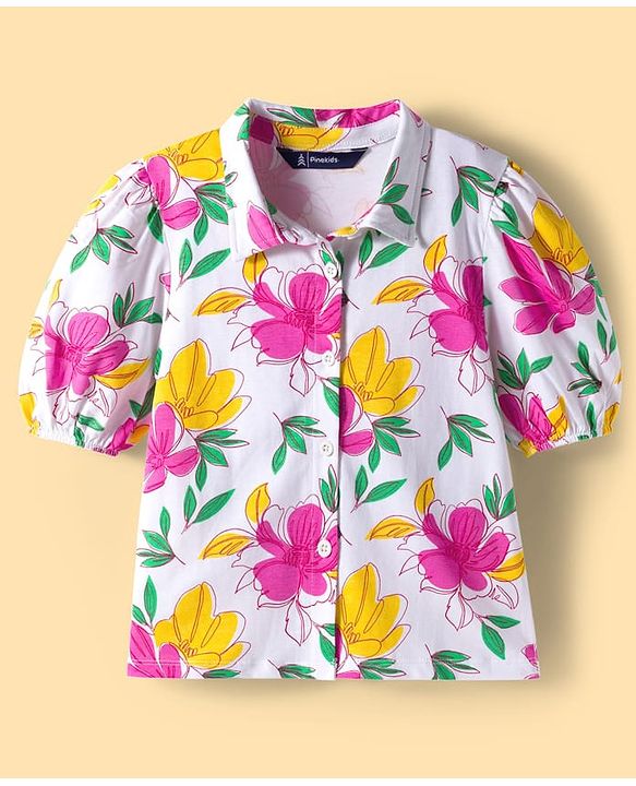 Pine Kids Cotton Knit Half Sleeves Shirt Top with Floral Print - White