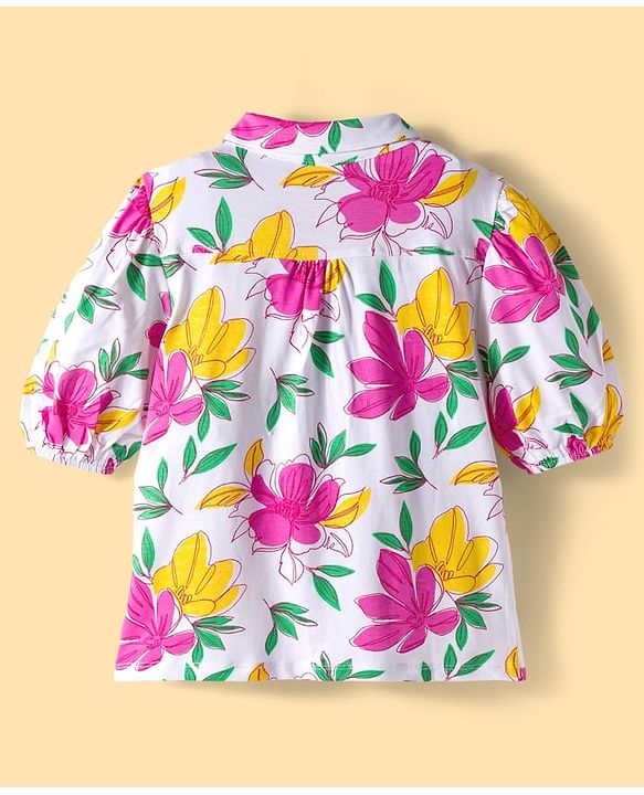 Pine Kids Cotton Knit Half Sleeves Shirt Top with Floral Print - White