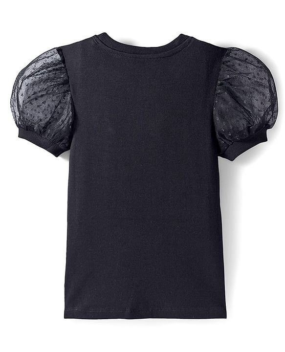 Pine Kids Cotton Knit Half Puffed Sleeves Solid Color Top - Black