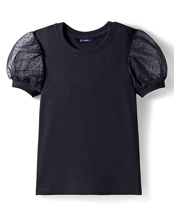 Pine Kids Cotton Knit Half Puffed Sleeves Solid Color Top - Black