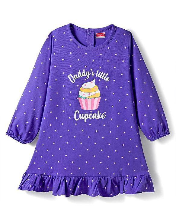 Babyhug Cotton Knit Full Sleeves Nighty With Text & Polka Dots Print - Violet