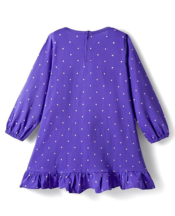 Babyhug Cotton Knit Full Sleeves Nighty With Text & Polka Dots Print - Violet